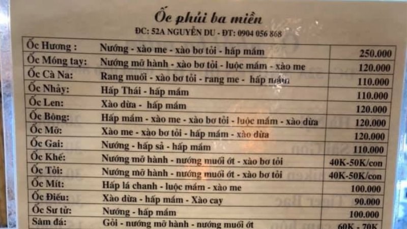 Menu quán ốc Phủi 3 Miền