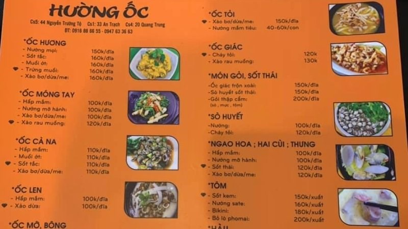 Menu quán Hường Ốc
