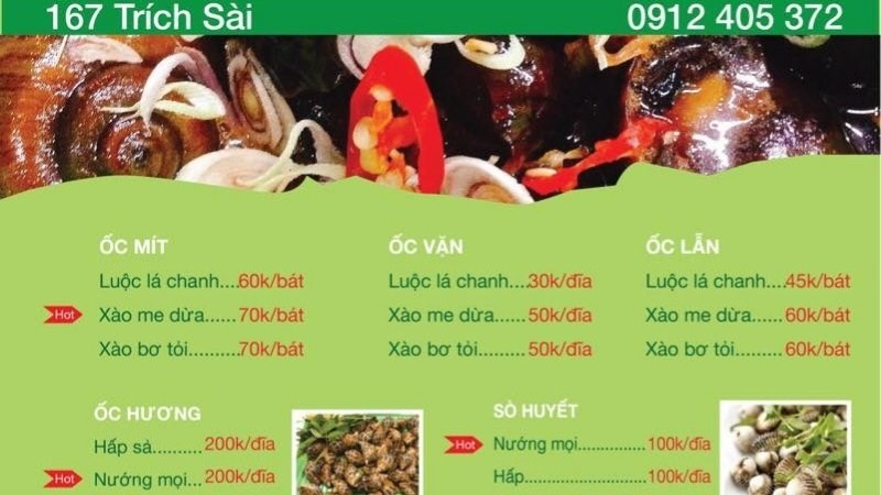 Menu quán Ốc Phúng Phính