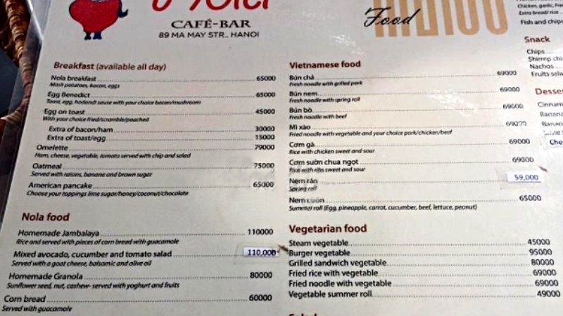 Menu quán NOLA Cafe