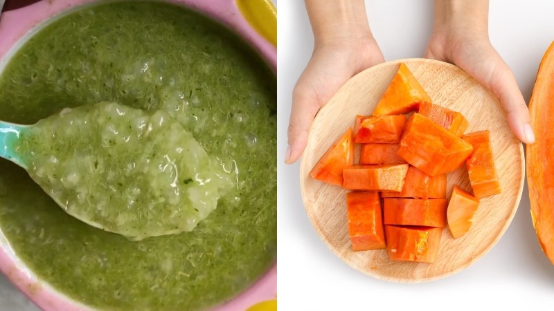 Bữa sáng: Cháo gà mồng tơi + đu đủ thái miếng nhỏ