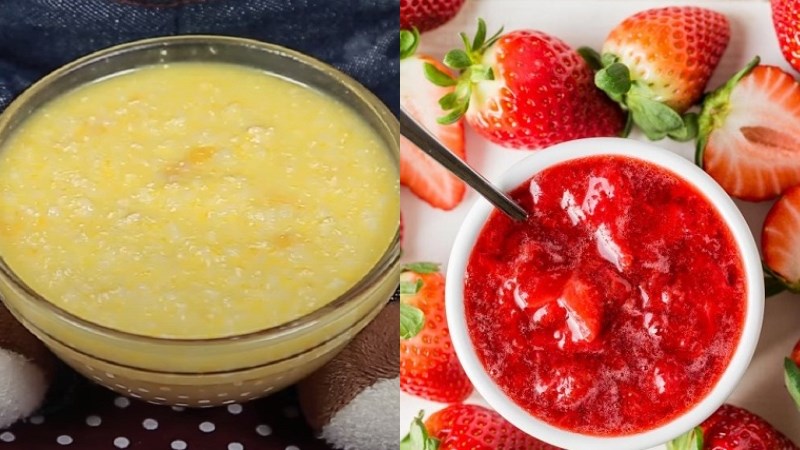 Bữa sáng: Cháo thịt gà bí đỏ + dâu tay nghiề