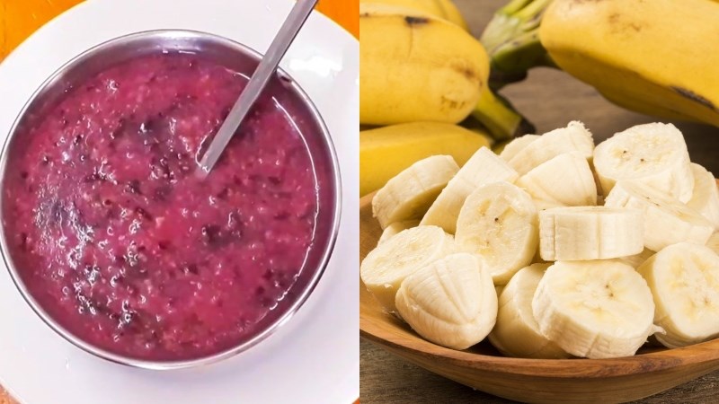 Bữa sáng: Cháo thịt bò rau dền + chuối thái lát