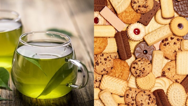 Ăn nhẹ 2: 1 tách trà xanh với bánh quy kem