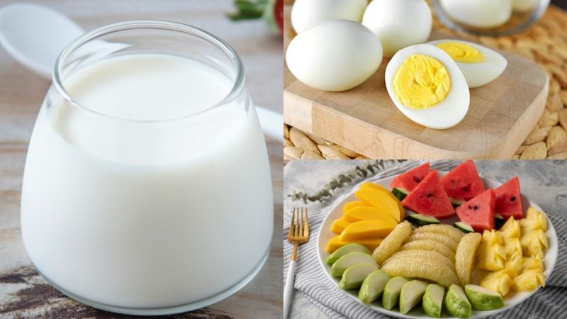 Bữa phụ 2: 1 hộp sữa chua, 1 quả trứng luộc, 1 đĩa hoa quả yêu thích