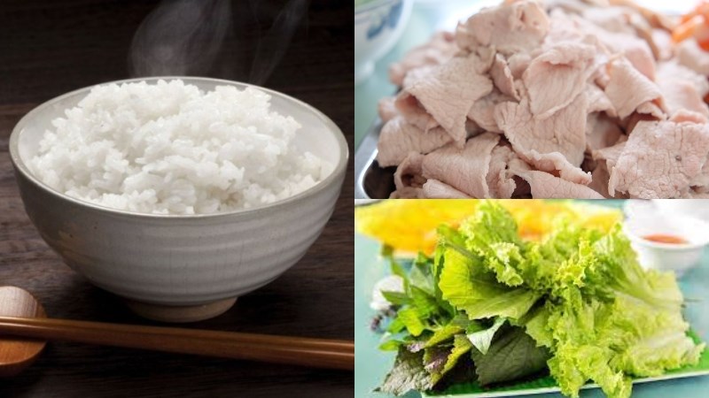 Bữa tối: 1 bát cơm, 200gr thịt nạc heo luộc, 1 đĩa rau xanh xà lách