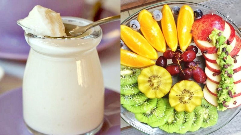 Bữa phụ 1: 1 hộp sữa chua, 1 đĩa hoa quả yêu thích