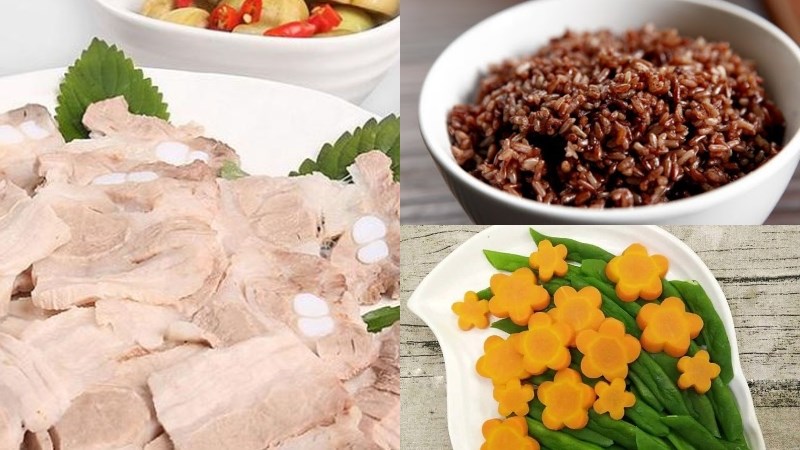 Bữa trưa: 300gr thịt nạc heo luộc, 1 bát cơm gạo lứt, 1 đĩa rau củ luộc