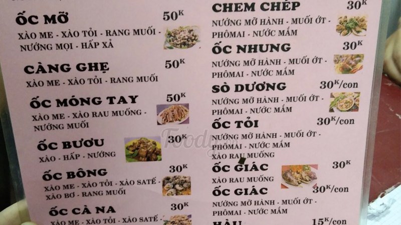Menu quán Ốc Cây Đa