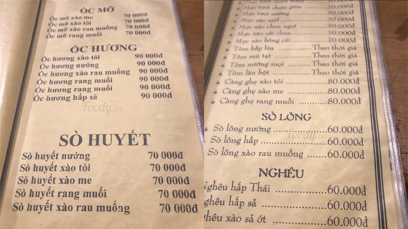 Menu quán ốc Ba Hào