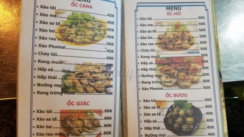 Menu quán Ốc Ry