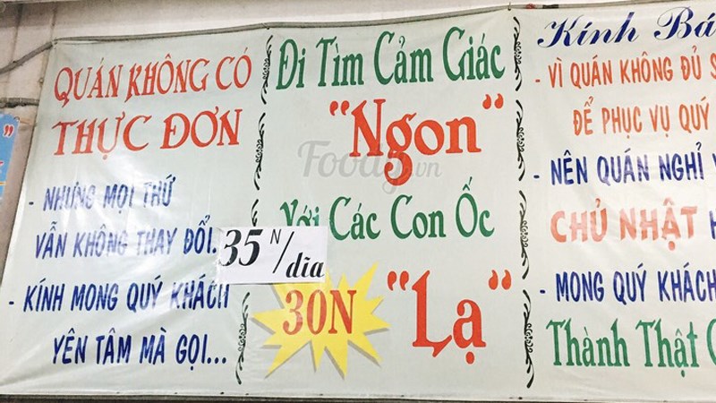 Menu quán Ốc Mắm Sữa
