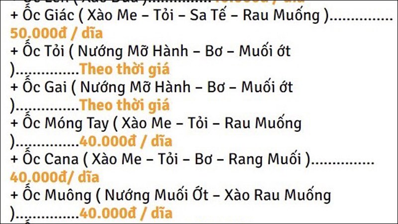 Menu quán Ốc Thảo