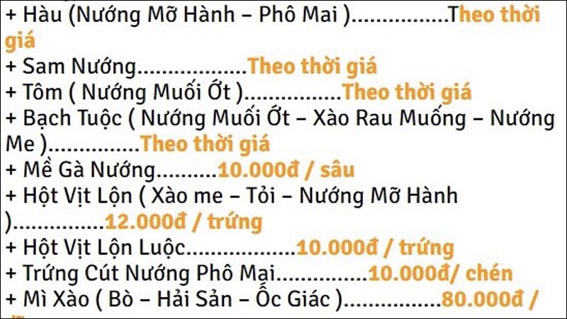 Menu quán Ốc Thảo