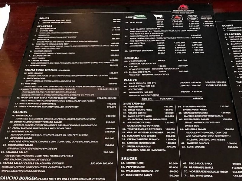 Menu Nhà hàng El Gaucho Steakhouse 