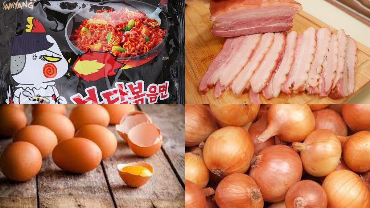 Nguyên liệu món ăn mì cay samyang trứng, mì cay samyang phô mai, mì cay samyang thịt xông khói và mì samyang thập cẩm