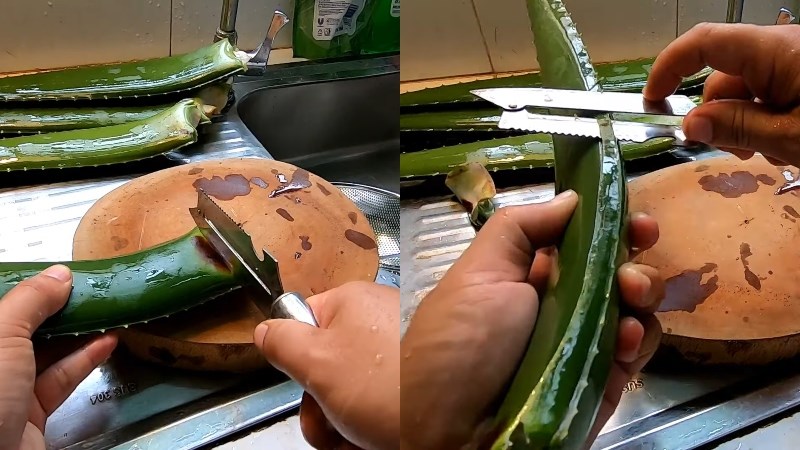 D&ugrave;ng muỗng gọt vỏ nha đam