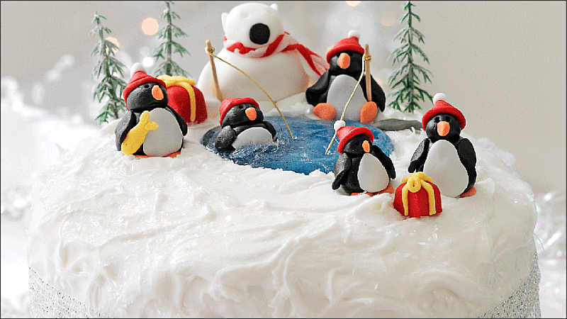 Trang trí bánh kem Noel hình chim cánh cụt và gấu Bắc cực