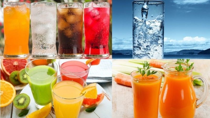 Nước uống: Nước ngọt c&oacute; ga, nước suối, nước &eacute;p tr&aacute;i c&acirc;y