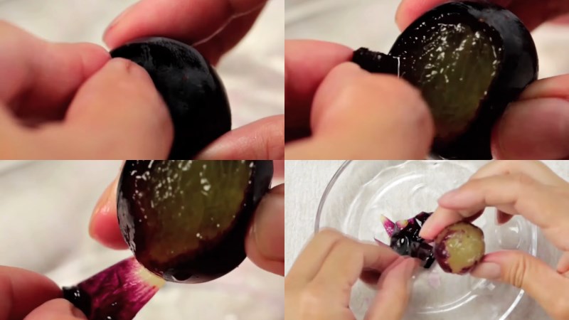 Dùng tay bóc vỏ nho từ ph&acirc;̀n còn lại