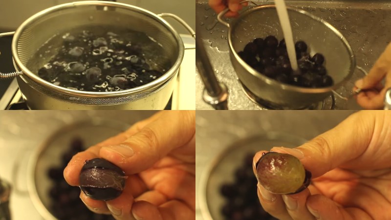 Nh&uacute;ng qua nước s&ocirc;i đ&ecirc;̉ bóc vỏ nho