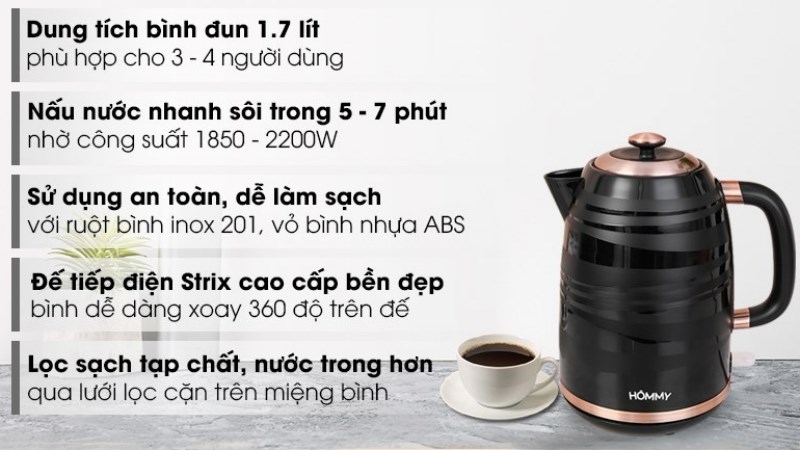 B&igrave;nh đun si&ecirc;u tốc Hommy 1.7 lit K512PN