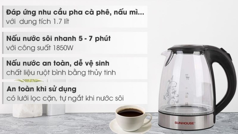 B&igrave;nh đun si&ecirc;u t&ocirc;́c thủy tinh Sunhouse 1.7 l&iacute;t SHD1217 Đen