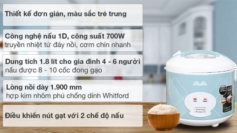 nồi cơm điện nắp g&agrave;i AVA 1.8 l&iacute;t NCG1806