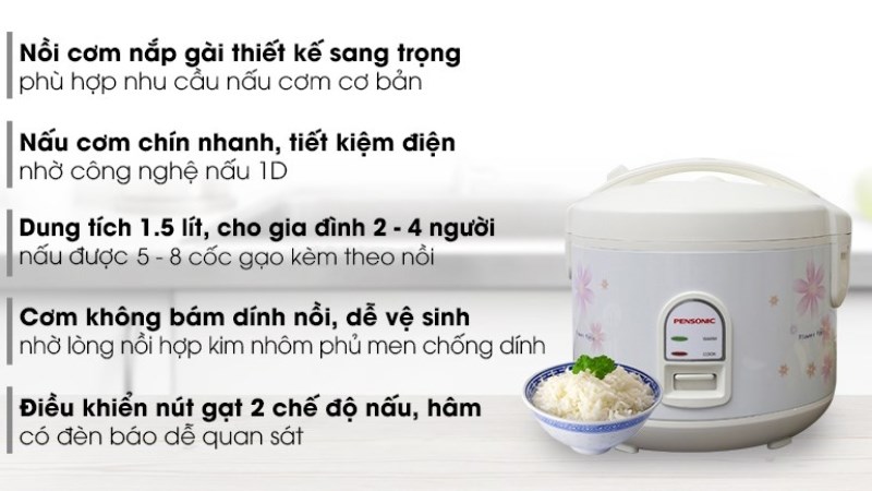 nồi cơm điện nắp g&agrave;i Pensonic 1.5 l&iacute;t PSR 1501