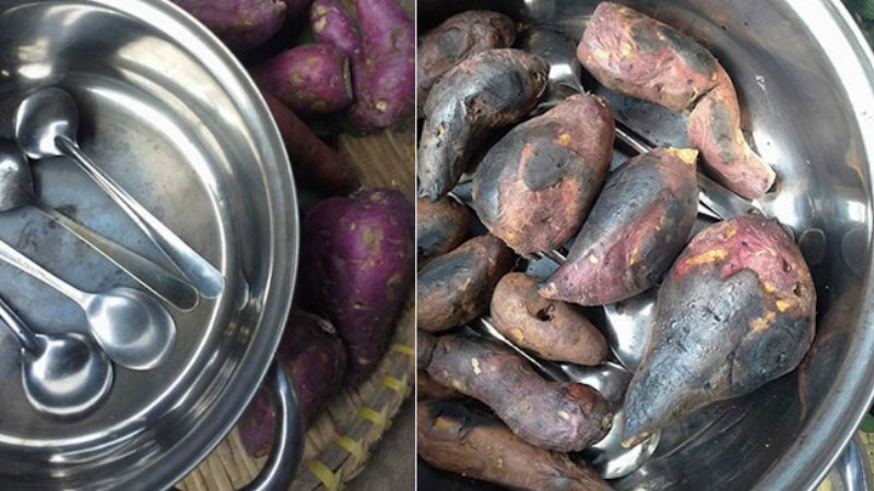 D&ugrave;ng muỗng l&oacute;t nồi để nướng khoai lang