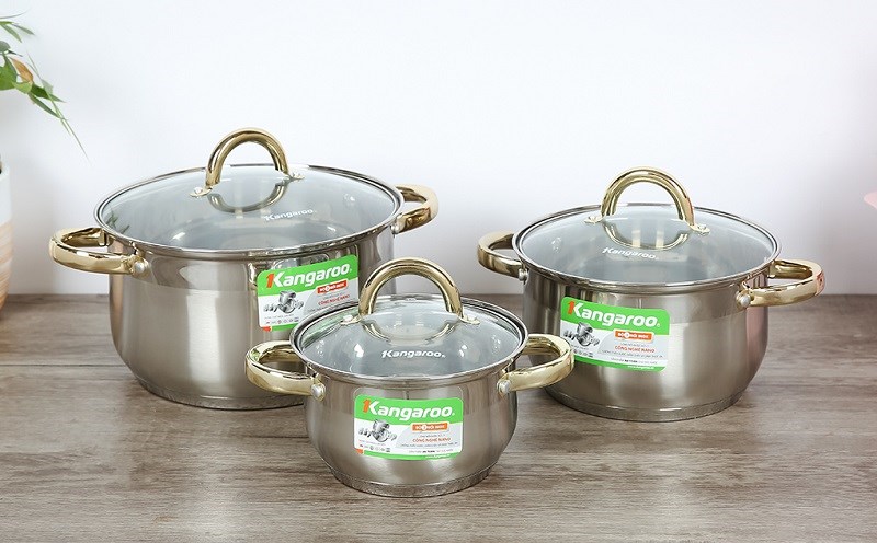 Bộ 3 nồi inox 5 đáy nắp kính Kangaroo