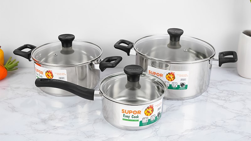 Minh họa l&agrave; Bộ 3 nồi qu&aacute;nh inox 3 đ&aacute;y nắp k&iacute;nh Easycook Supor H20211-T1