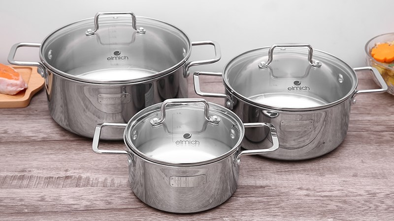 Bộ 3 c&aacute;i nồi inox 3 đ&aacute;y nắp k&iacute;nh Elmich Trimax XR EL-3843