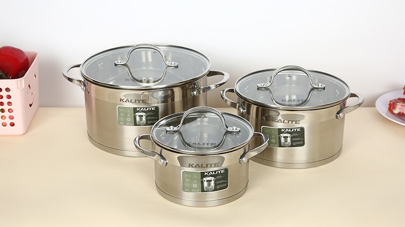 Bộ 3 nồi inox 5 đ&aacute;y nắp k&iacute;nh Kalite KL-333