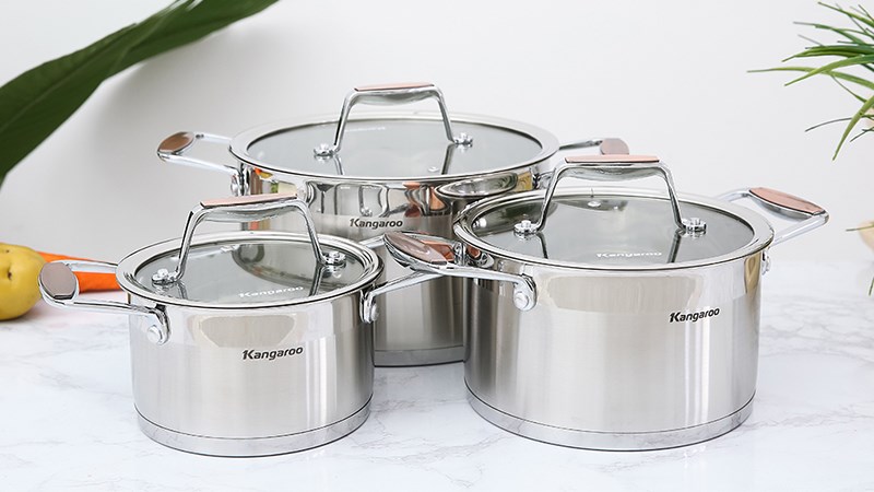 Bộ 3 nồi inox 5 đ&aacute;y nắp k&iacute;nh Kangaroo KG3CS2