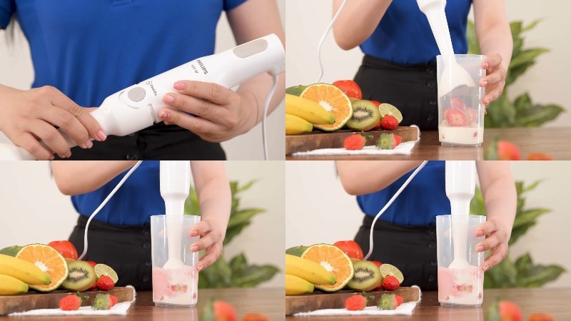 C&aacute;ch sử dụng m&aacute;y xay sinh tố cầm tay Philips HR2531 để xay sinh tố d&acirc;u t&acirc;y