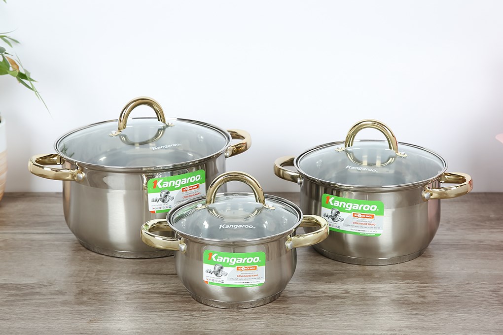 Bộ 3 nồi inox 5 đáy nắp kính Kangaroo KG866