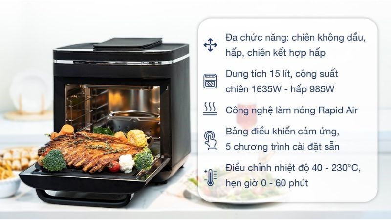 Lò chiên không dầu kết hợp hấp Kalite STEAM X 15 lít