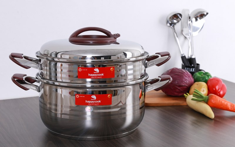 Bộ nồi xửng inox 3 đáy nắp inox 32 cm Happycook ST32-2