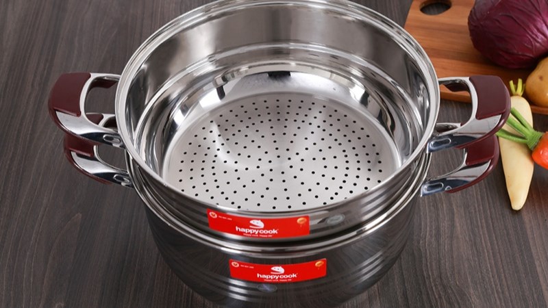 Bộ nồi xửng inox 3 đáy nắp inox 32 cm Happycook ST32-2