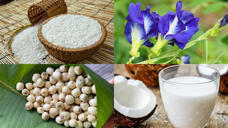 Nguyên liệu món ăn xôi hoa đậu biếc hạt sen