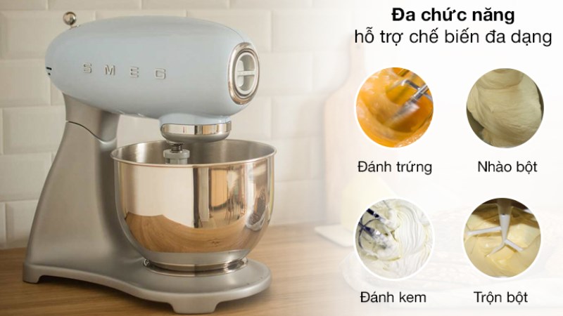 Máy trộn bột đa năng Smeg SMF02PBEU có chức năng đánh trứng, nhào bột, trộn bột, đánh kem