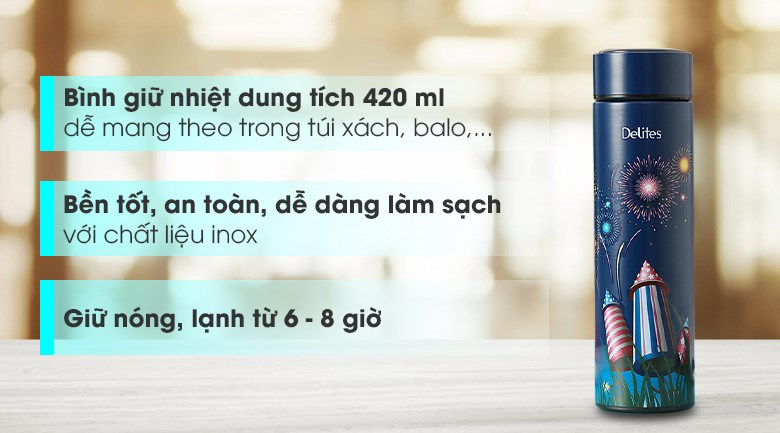 Bình giữ nhiệt inox 420 ml Delites KS K550B37 pháo bông