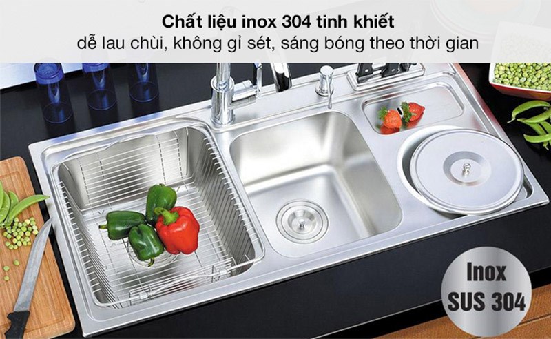 Bồn rửa chén inox 2 ngăn, 1 hố rác