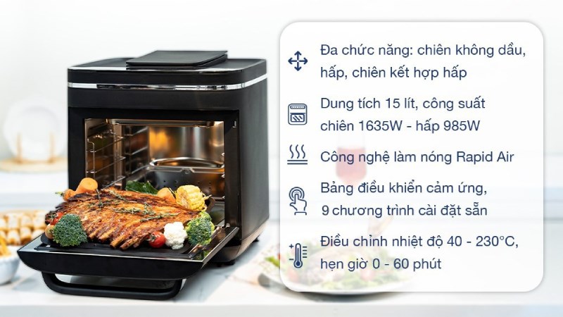 Lò chiên không dầu kết hợp hấp Kalite STEAM X 15 lít 