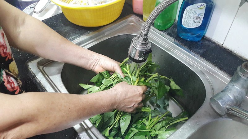 Rửa rau muống trước khi nhặt lá