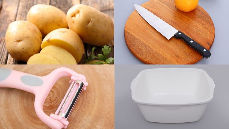 Nguy&ecirc;n liệu v&agrave; dụng cụ cắt l&aacute;t khoai t&acirc;y