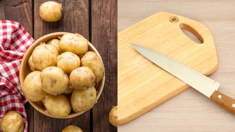 Nguy&ecirc;n liệu v&agrave; dụng cụ cắt khoai t&acirc;y hạt lựu, l&aacute;t mỏng