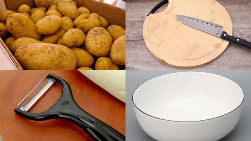 Nguy&ecirc;n liệu v&agrave; dụng cụ cắt khoai t&acirc;y th&agrave;nh khối vu&ocirc;ng