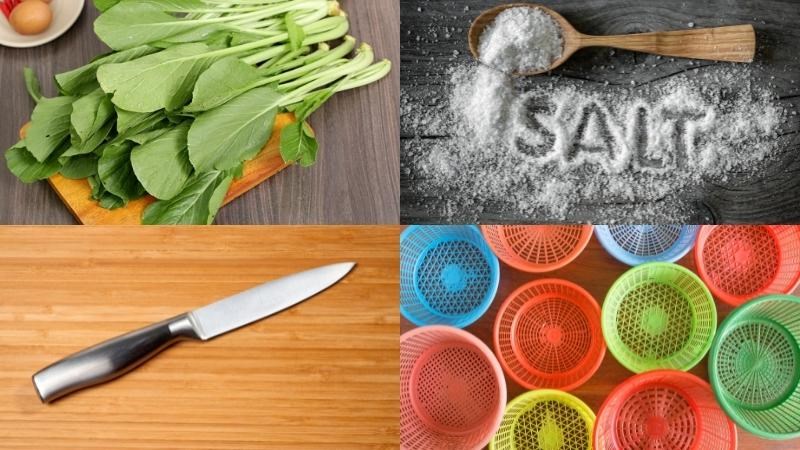 Nguyên liệu và dụng cụ để nhặt rau cải ngọt